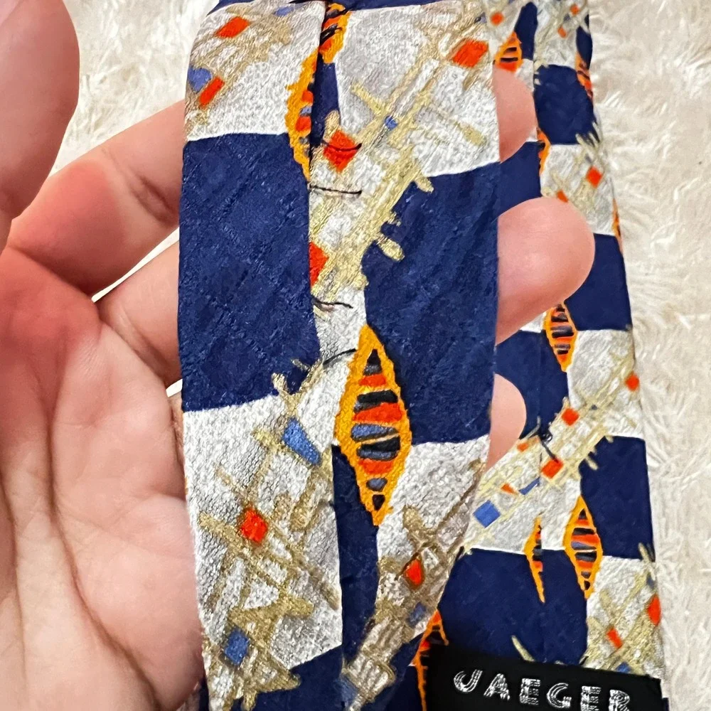 Jaeger Mens‎ 100% Silk Tie Blue Geometric Pattern Made in Italy
